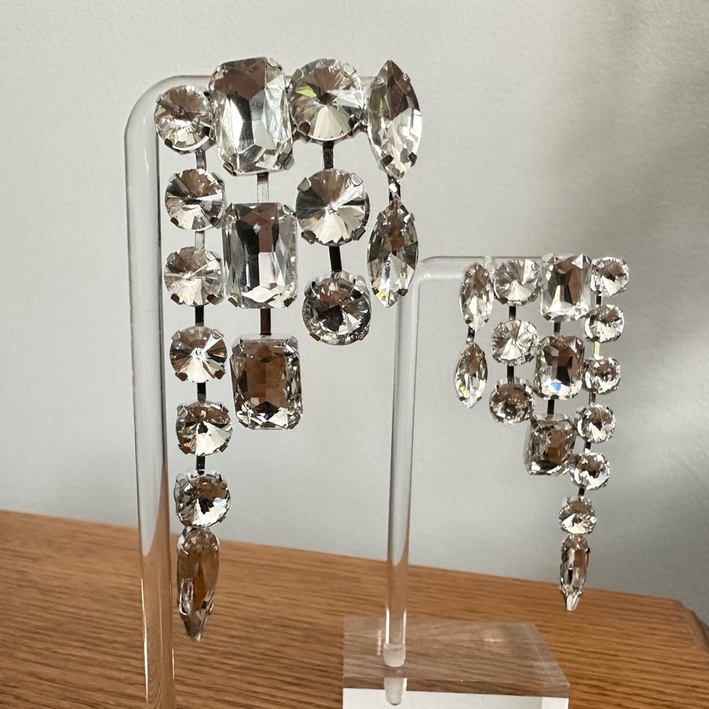 Round Rectangle Stone Cluster Down Evening Earrin… - image 2